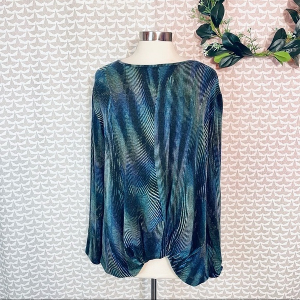 Clara Sun Woo Blue Green Velvet Pleated Scoop Neck Sweater